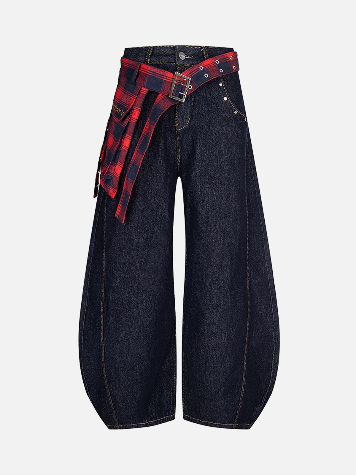 TALISHKO Washed Plaid Belt Barrel Jeans
