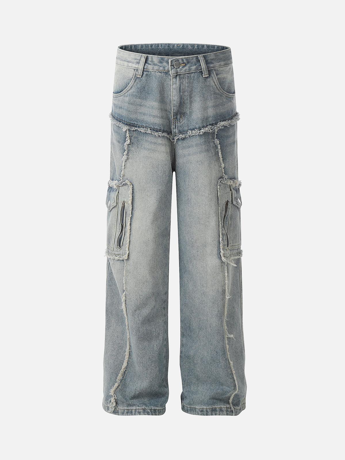 TALISHKO Detressed Raw Edge Multi-Pocket Cargo Jeans
