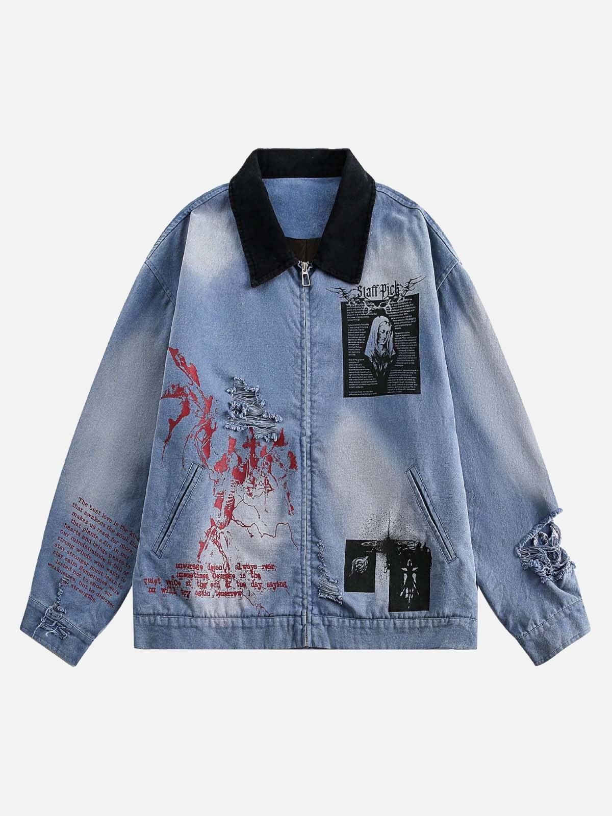 TALISHKO Ripped Graffiti Washed Zip Up Denim Jacket