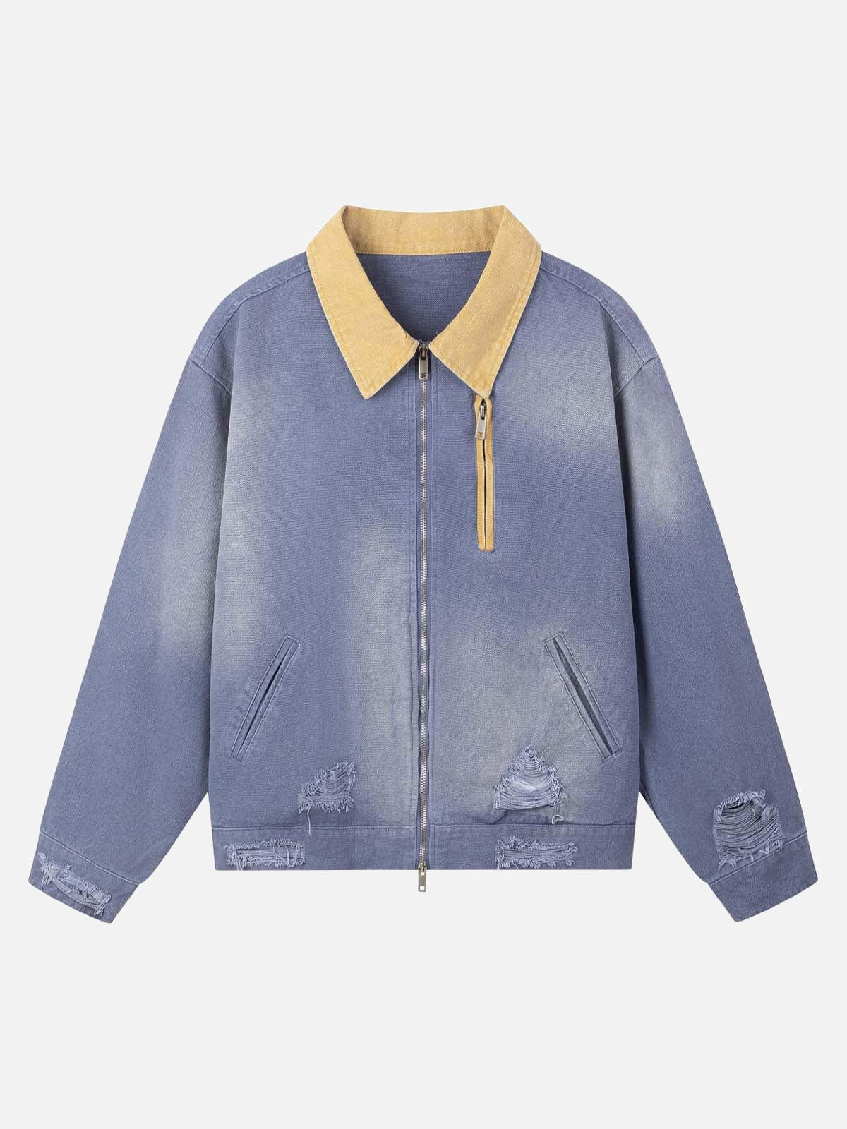 TALISHKO Retro Ripped Washed Contrast Color Work Jacket