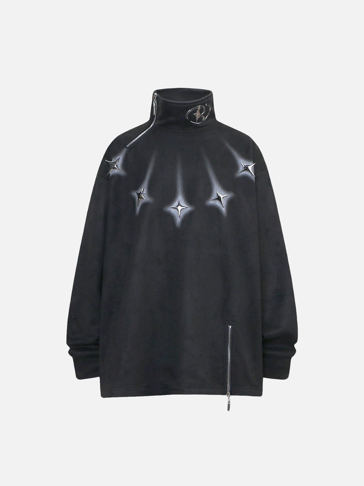 TALISHKO Metal Button Multi Zipper Suede Fleece Sweatshirt