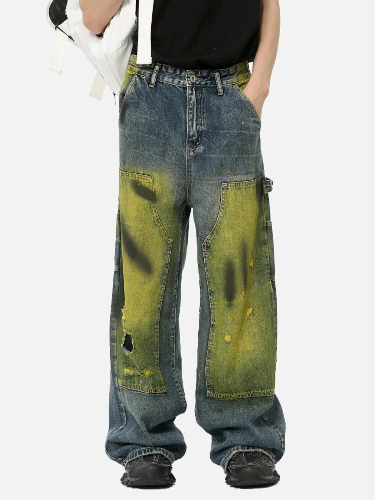 TALISHKO Vintage Spray-Painted Patch Ripped Jeans