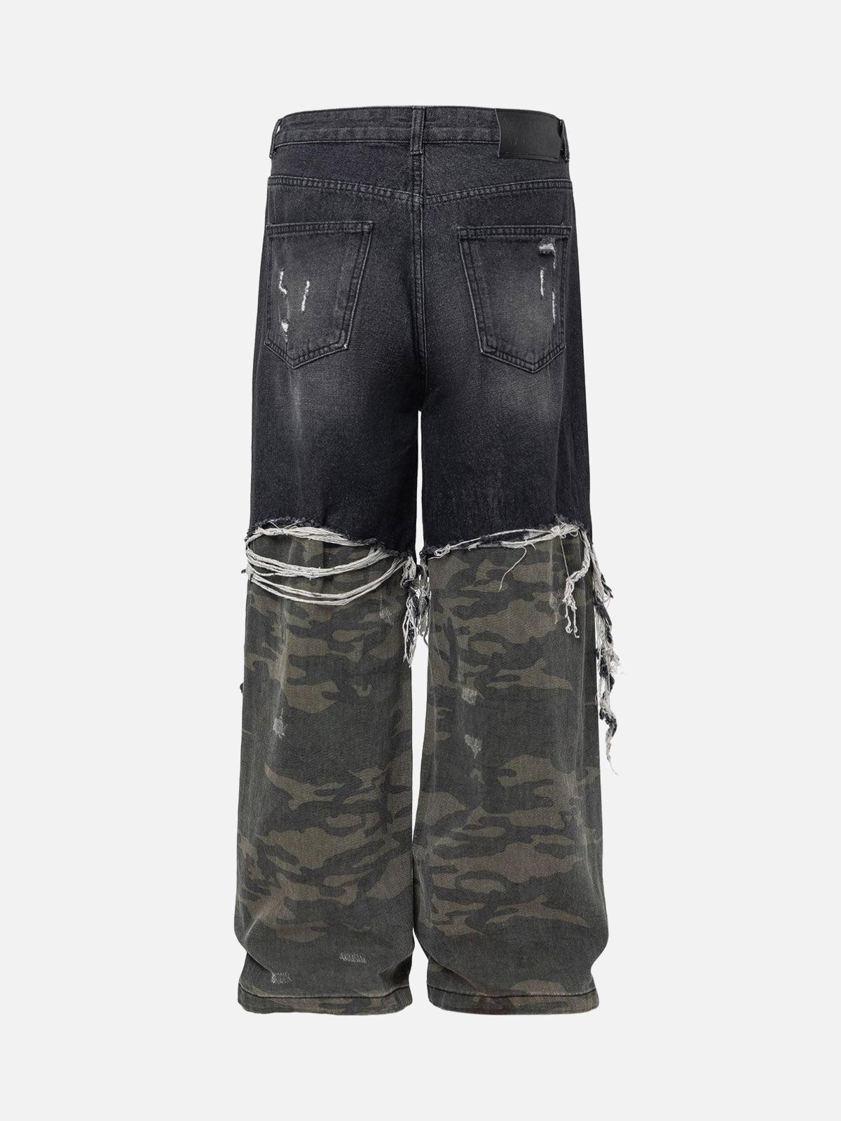 TALISHKO Washed Distressed Stitching Camouflage Straight Jeans