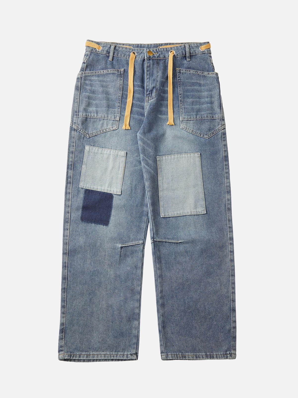 TALISHKO Drawstring Denim Patch Washed Jeans