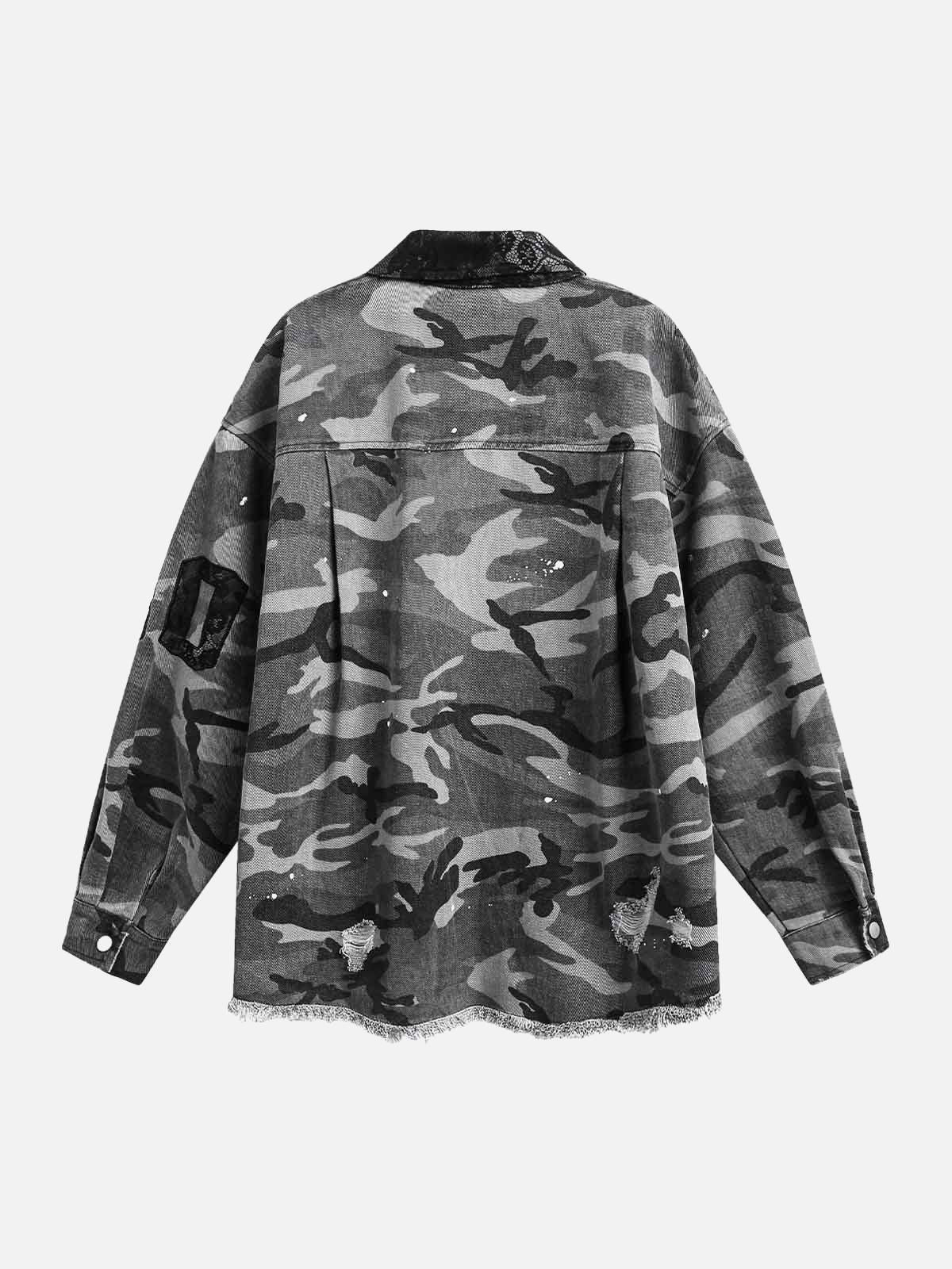 TALISHKO Camouflage Ripped Lace Denim Shirt