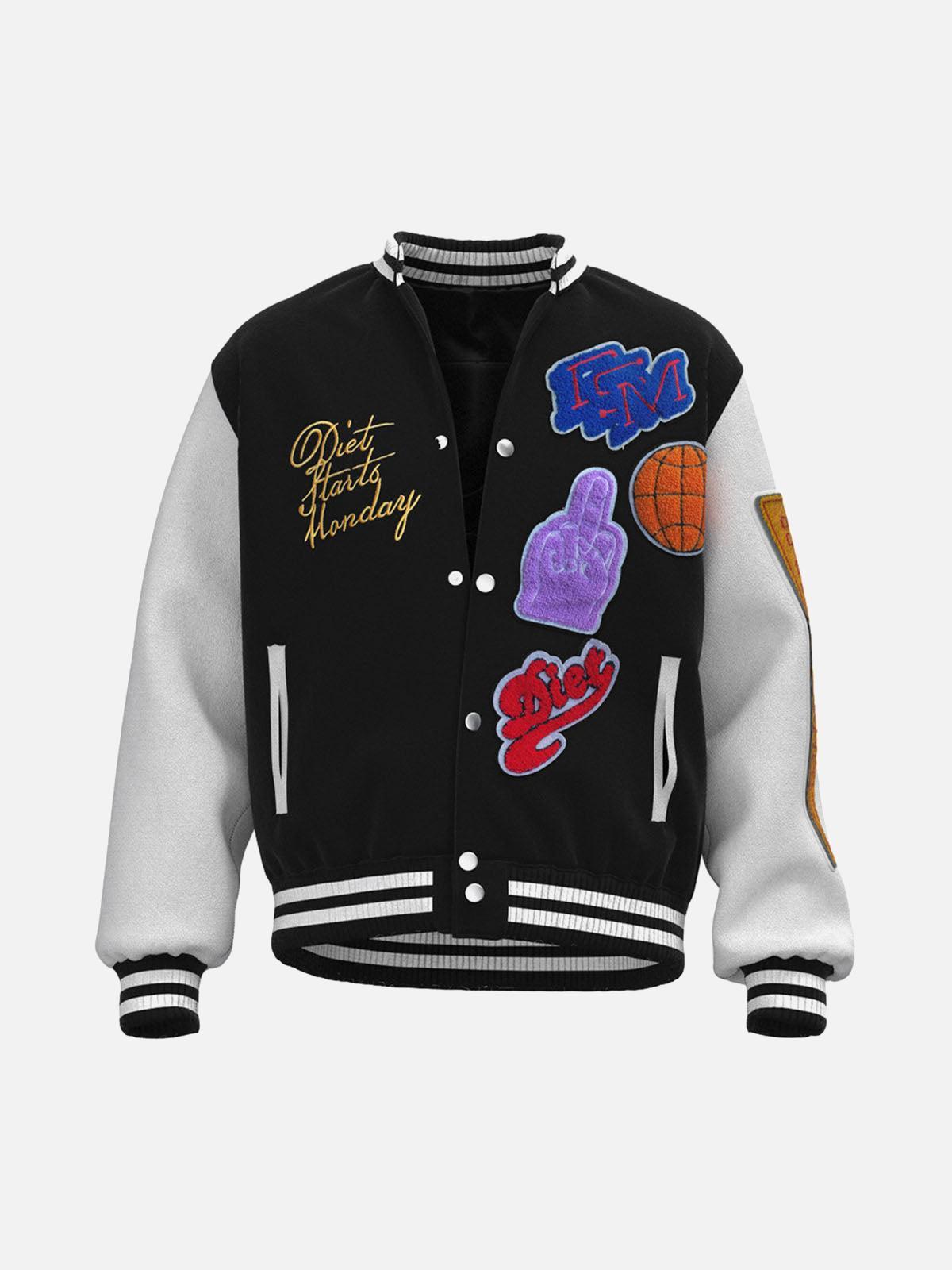 TALISHKO Leather Patchwork Embroidery Quilted Bomber Jacket
