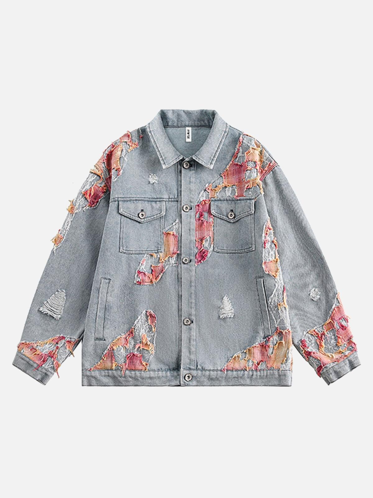 TALISHKO American Street Style Lace Patchwork Denim Jacket