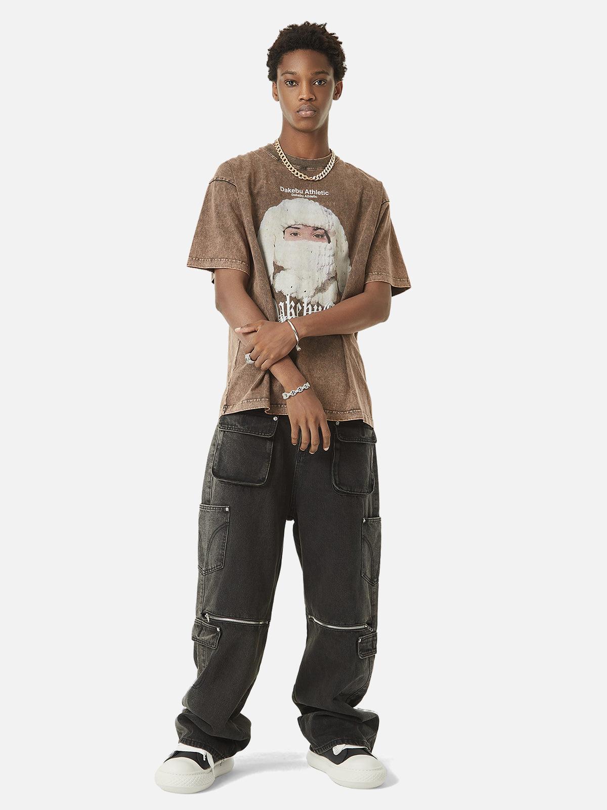 TALISHKO Multi-Pocket Zipper Design Washed Hip-Hop Jeans