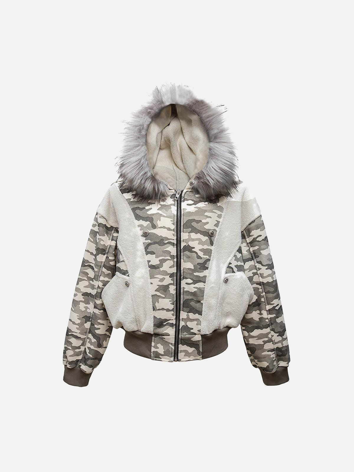 TALISHKO Camouflage Spliced Fur Hooded Fleece Jacket