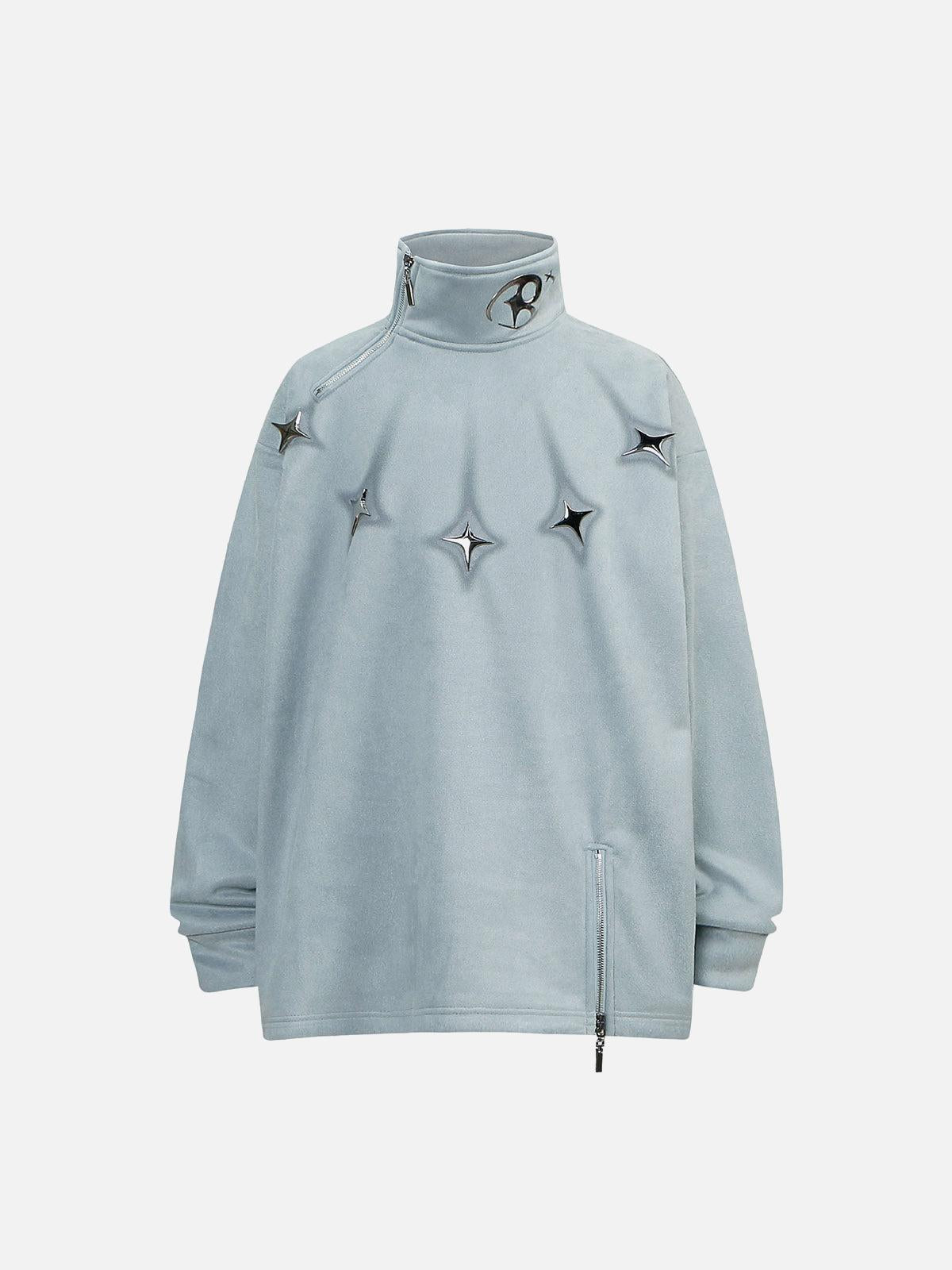 TALISHKO Metal Button Multi Zipper Suede Fleece Sweatshirt