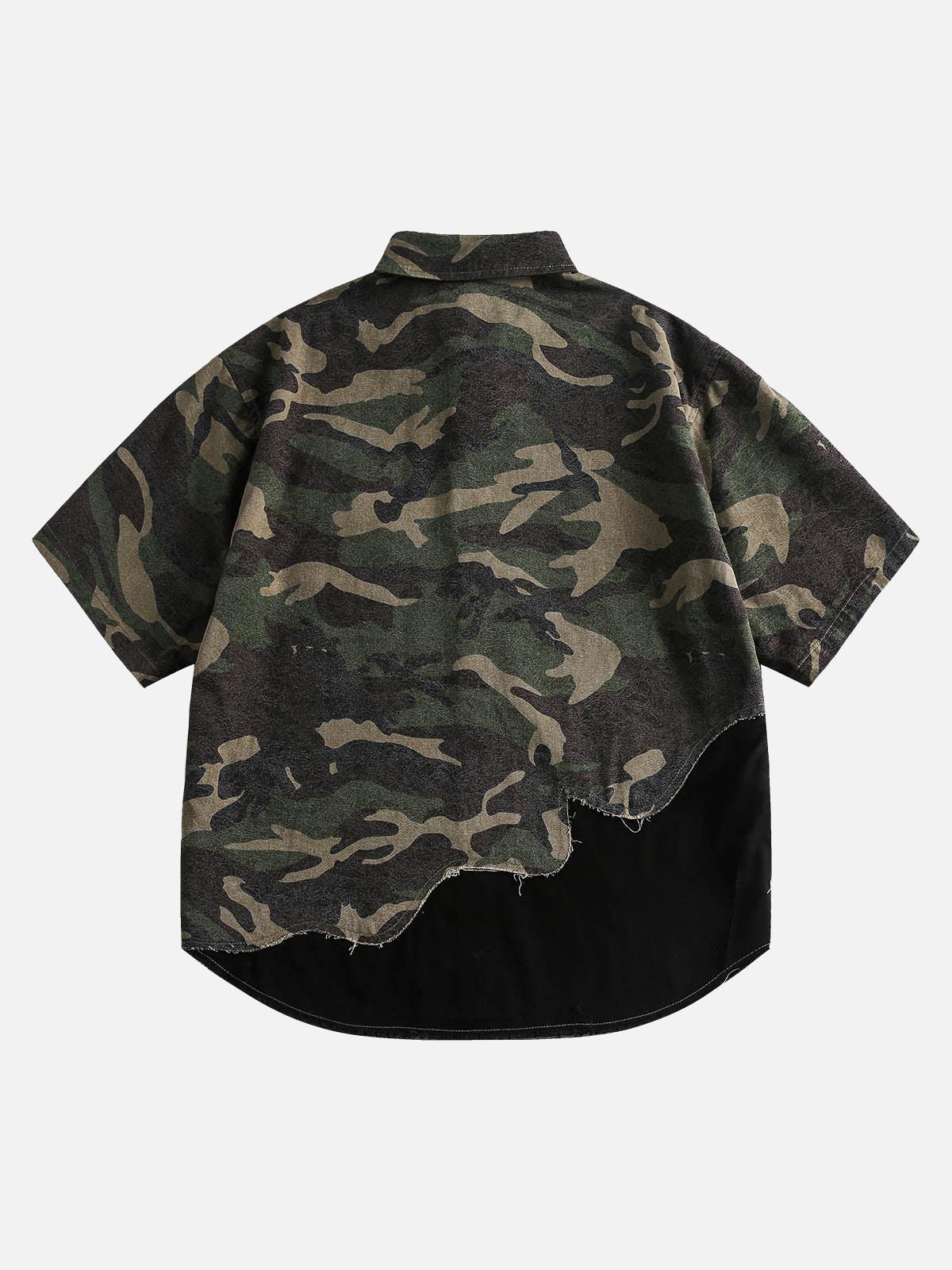 TALISHKO Camouflage Patchwork Print Letter Short Sleeve Shirt