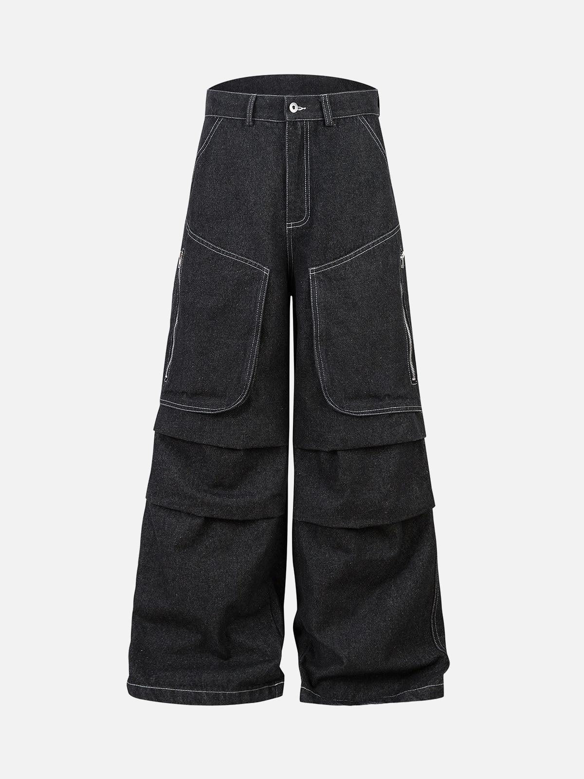 TALISHKO Deconstructed Split Topstitched Pleated Pocket Jeans