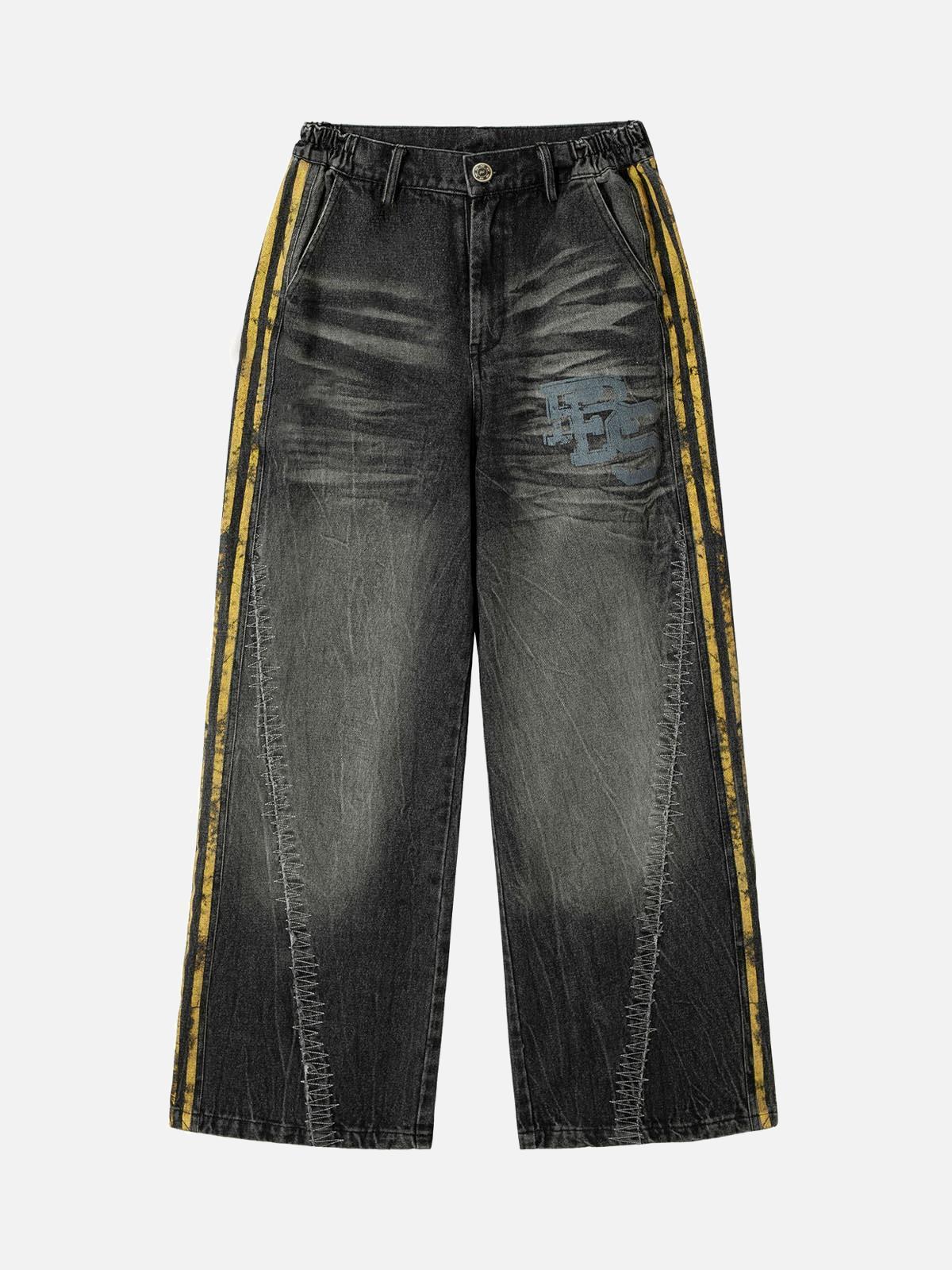 TALISHKO Distressed Striped Side Chain Patchwork Ripped Straight Jeans