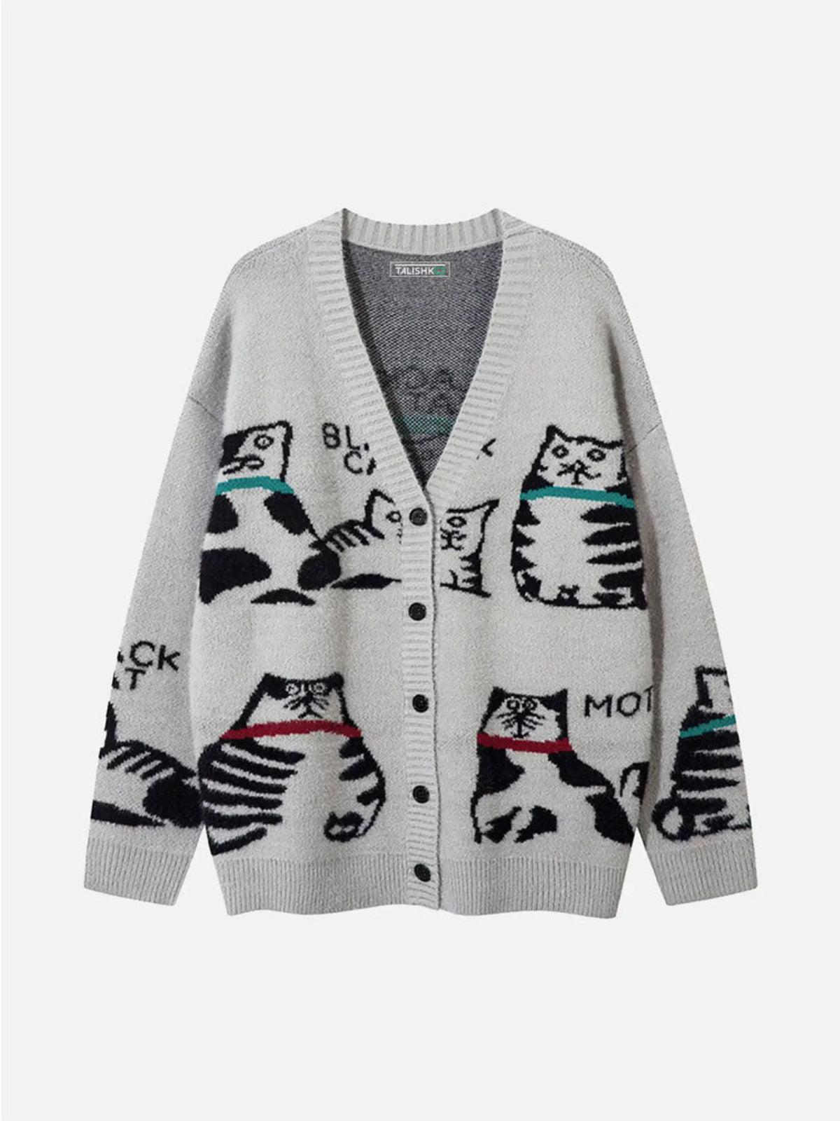 TALISHKO Vintage Cat Jacquard Knit Cardigan