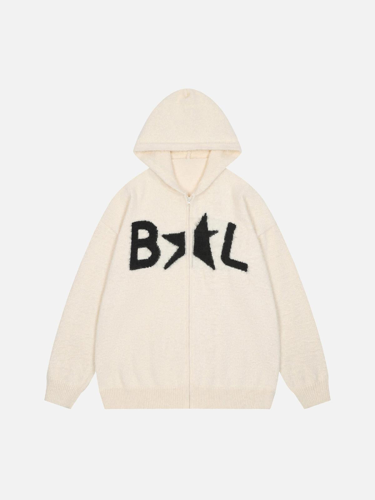 TALISHKO Star Knit Hooded Zip Up Cardigan Sweater