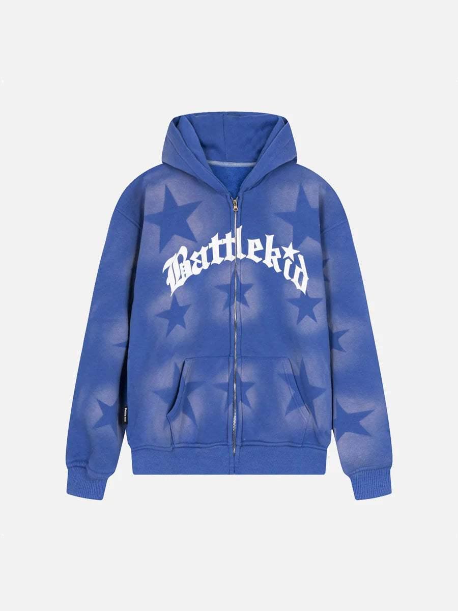 TALISHKO Star Letter Print Zipper Hoodie