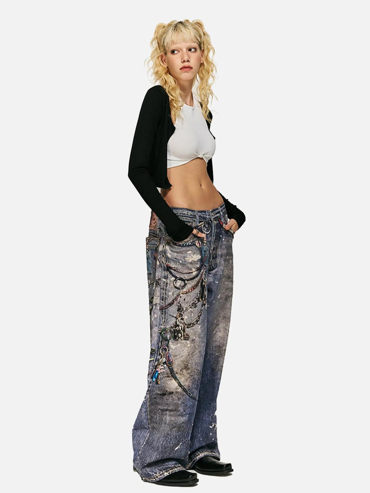 TALISHKO 3D Digital Printed Chain Straight Jeans