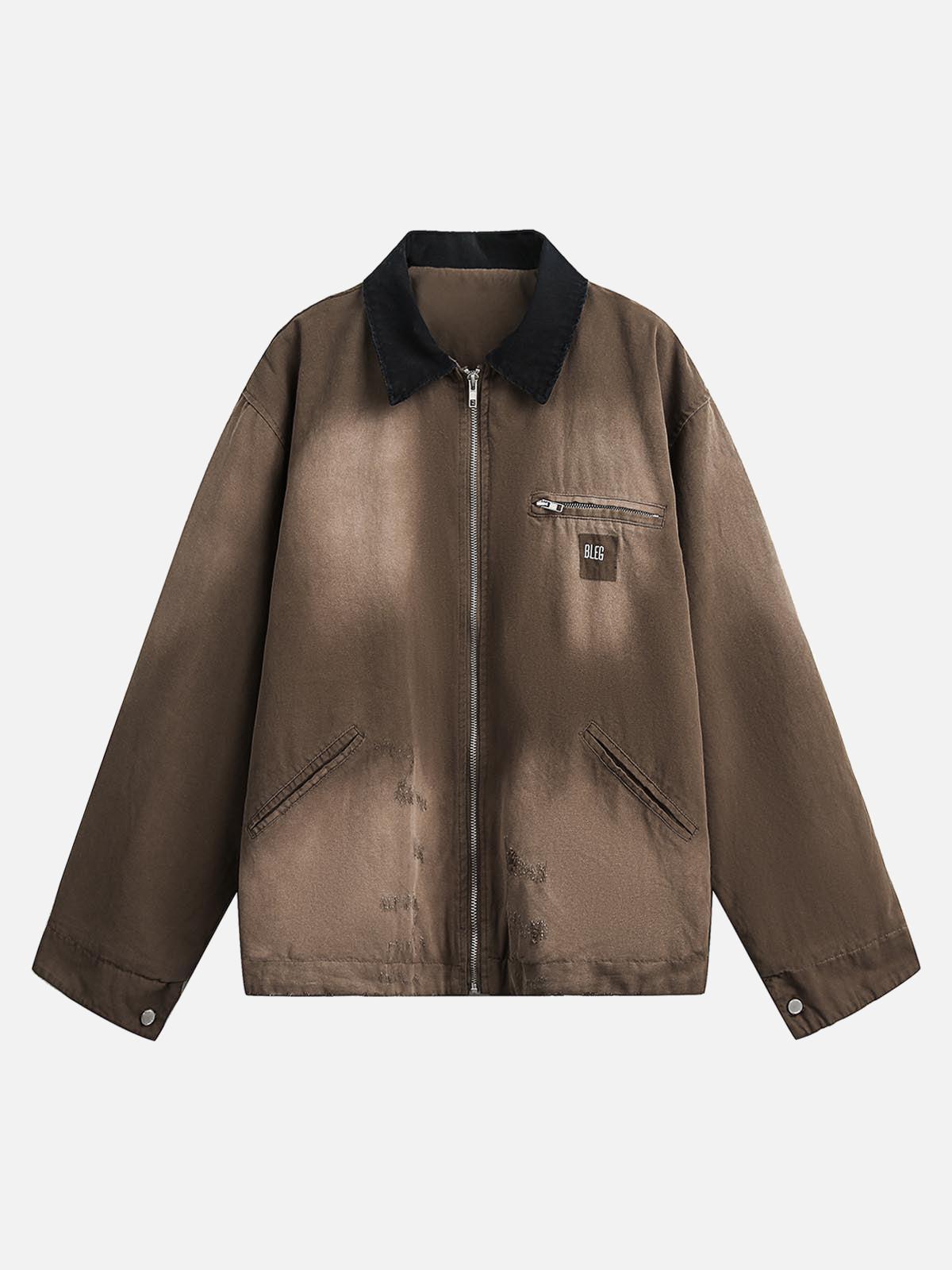 TALISHKO Washed Ripped Gradient Zip Up Work Jacket