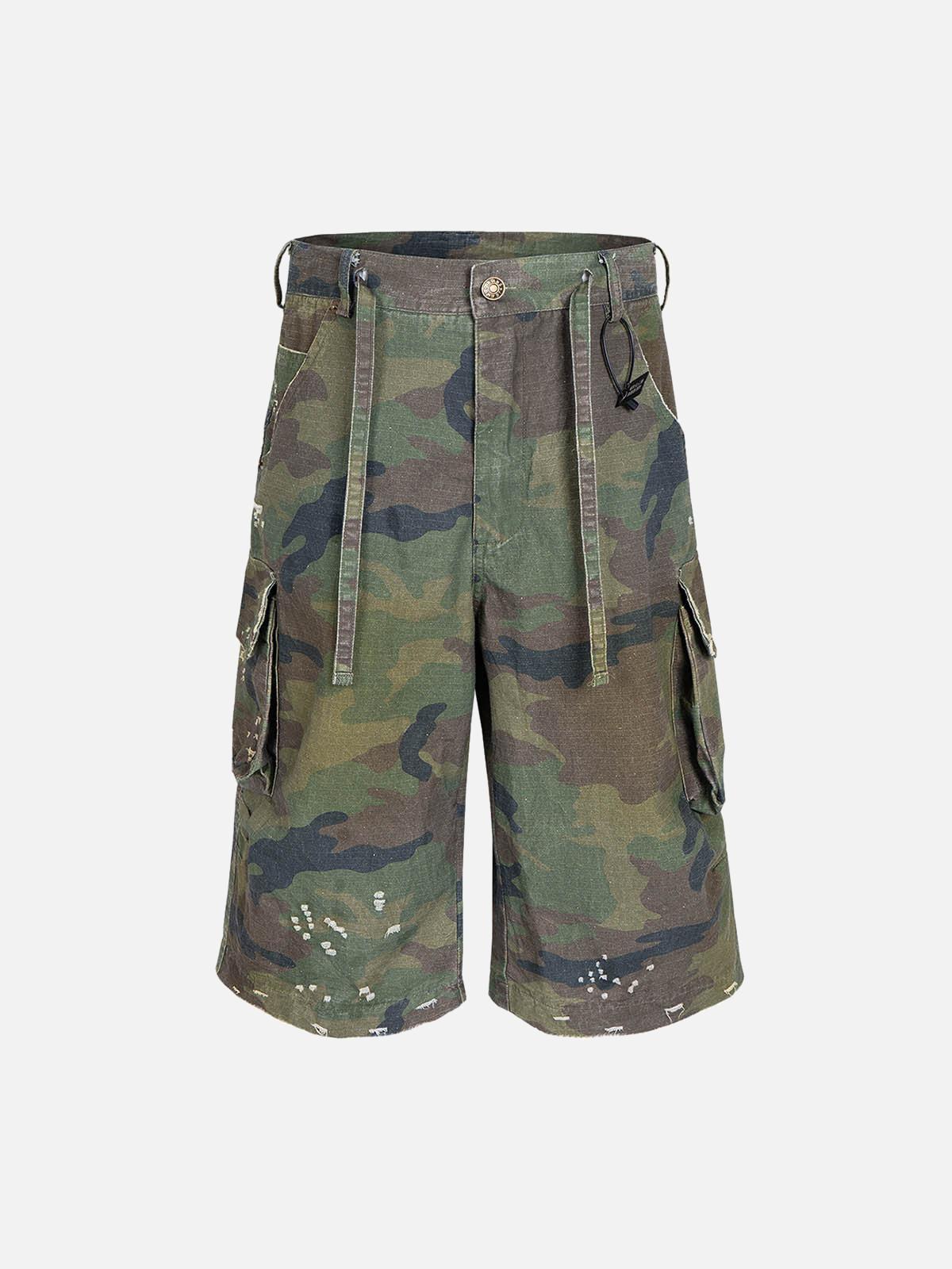 TALISHKO Washed Destroyed Camouflage Drawstring Cargo Shorts