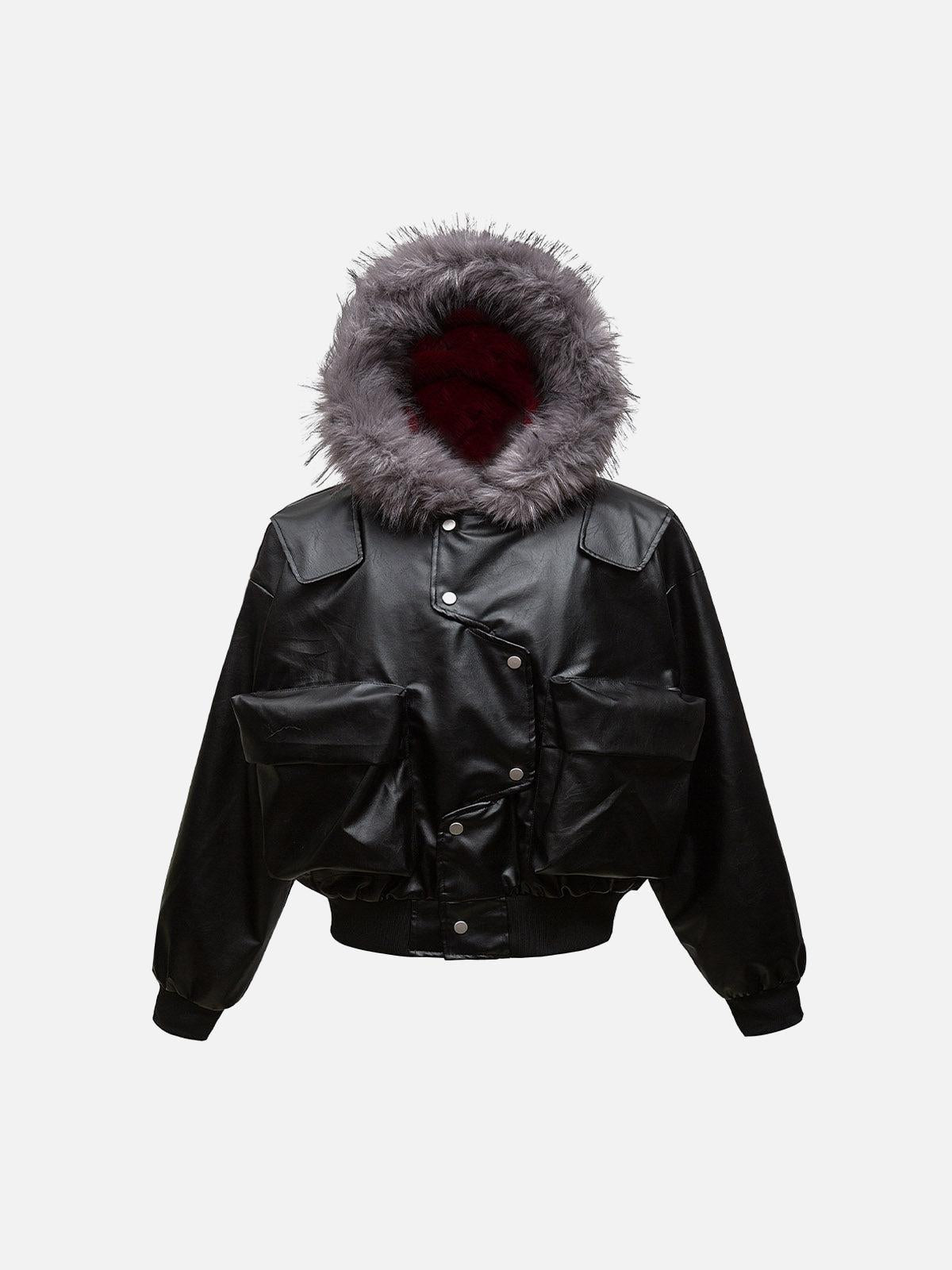 TALISHKO Deconstructed Multi Pocket Fur Hooded PU Leather Jacket