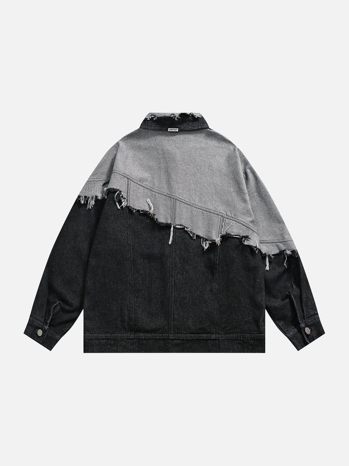 TALISHKO Paneled Color Contrast Ripped Denim Jacket