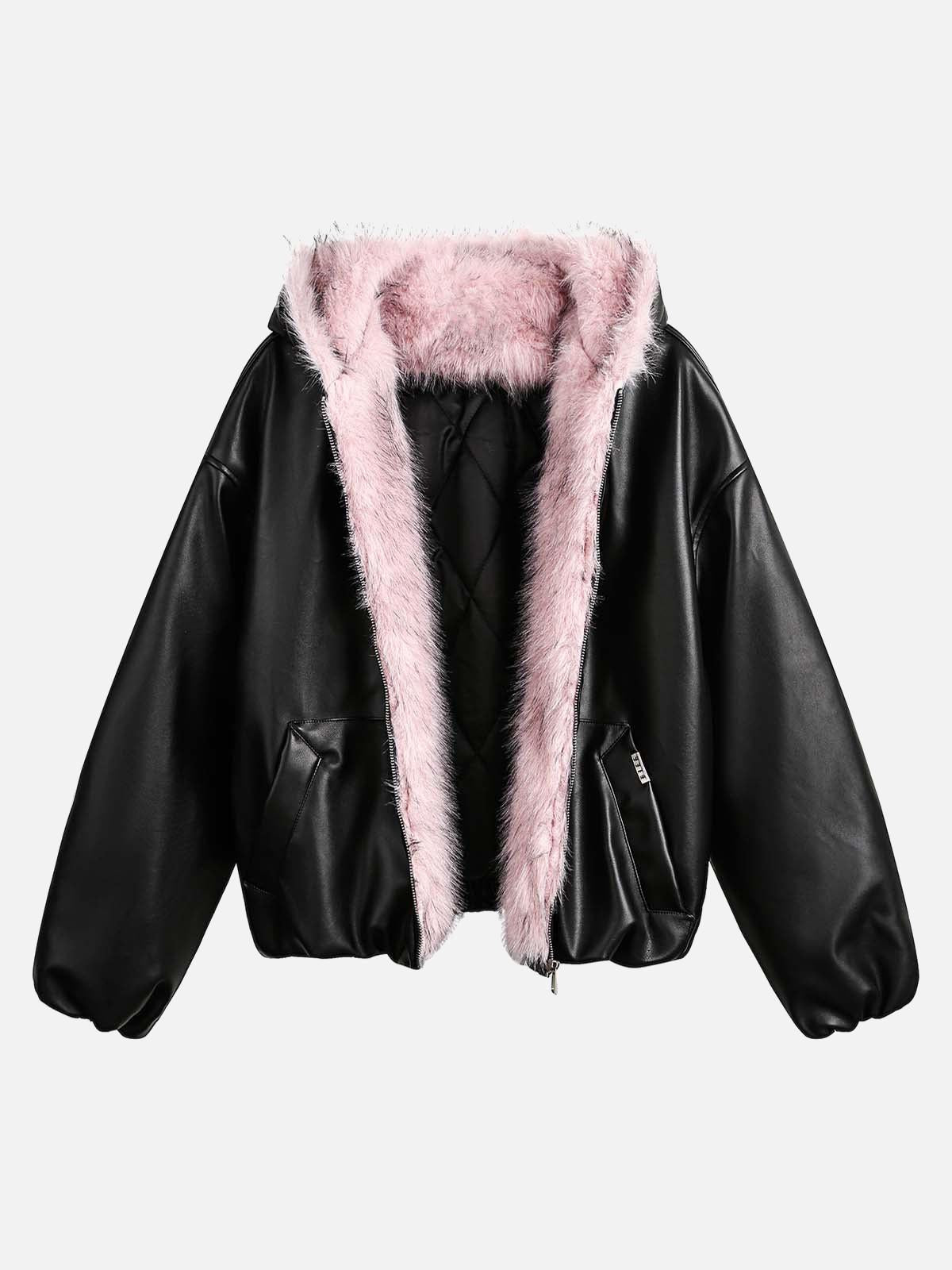 TALISHKO Leather Pink Fur Hooded Quilted Jacket