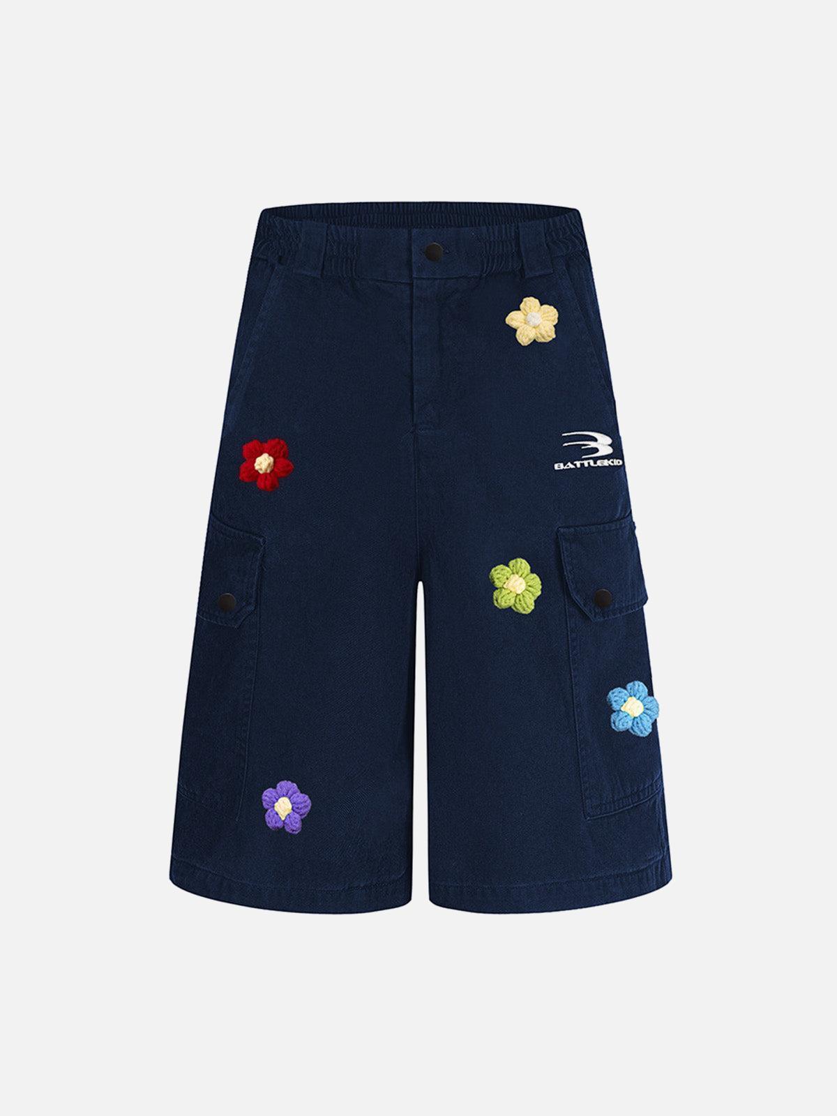 TALISHKO Retro Floral Embroidered Pleated Multi-Pocket Cargo Jorts