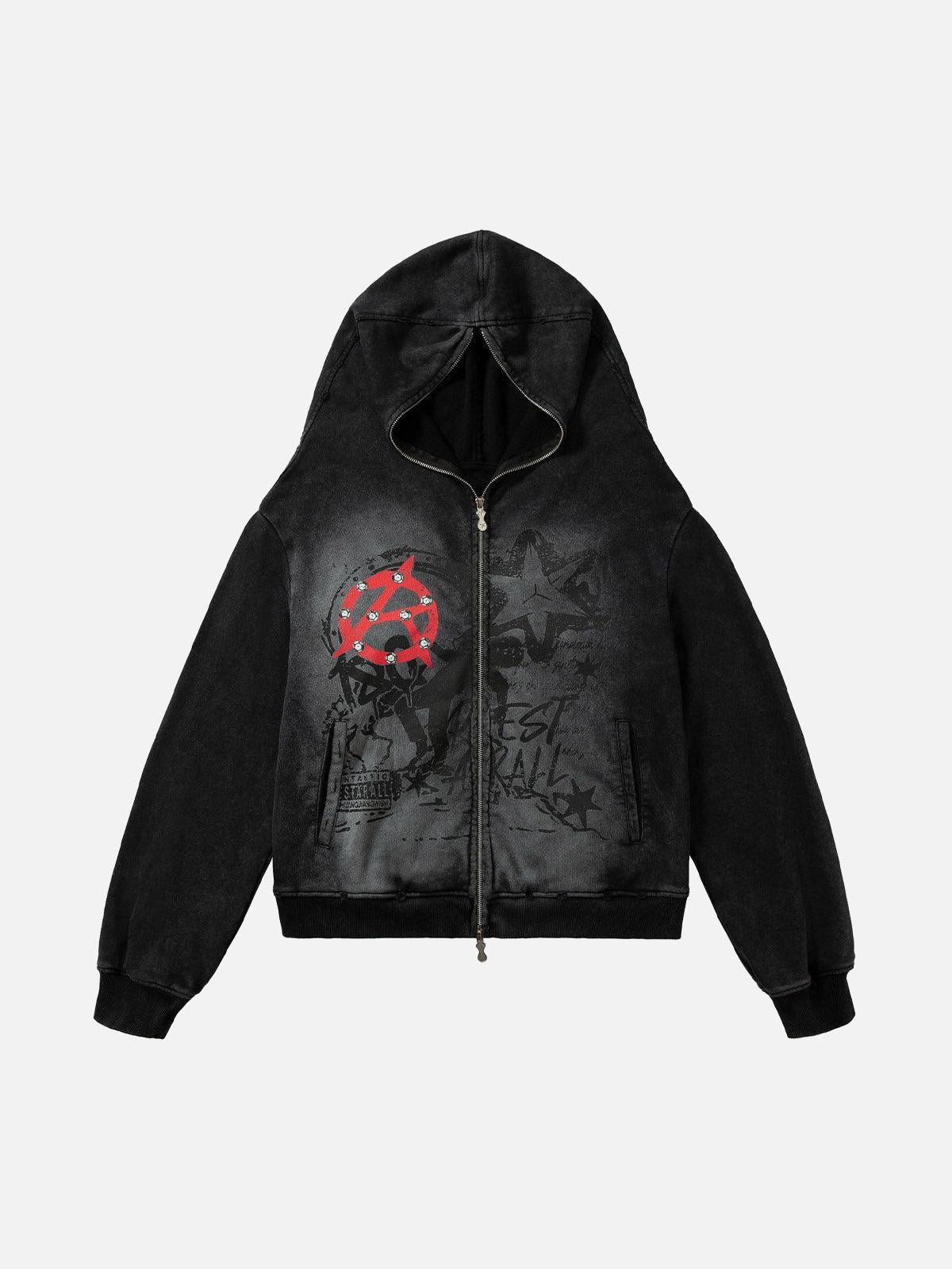 TALISHKO Washed Star Print Full Zipper Hoodie