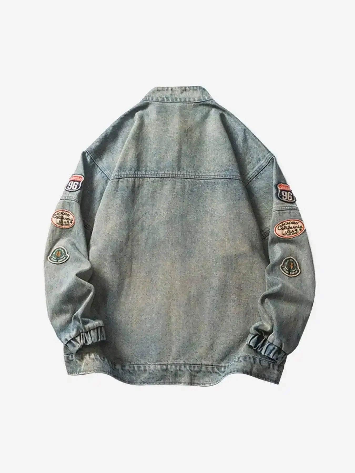 TALISHKO Oversized Hip-Hop Embroidered Patch Denim Jacket