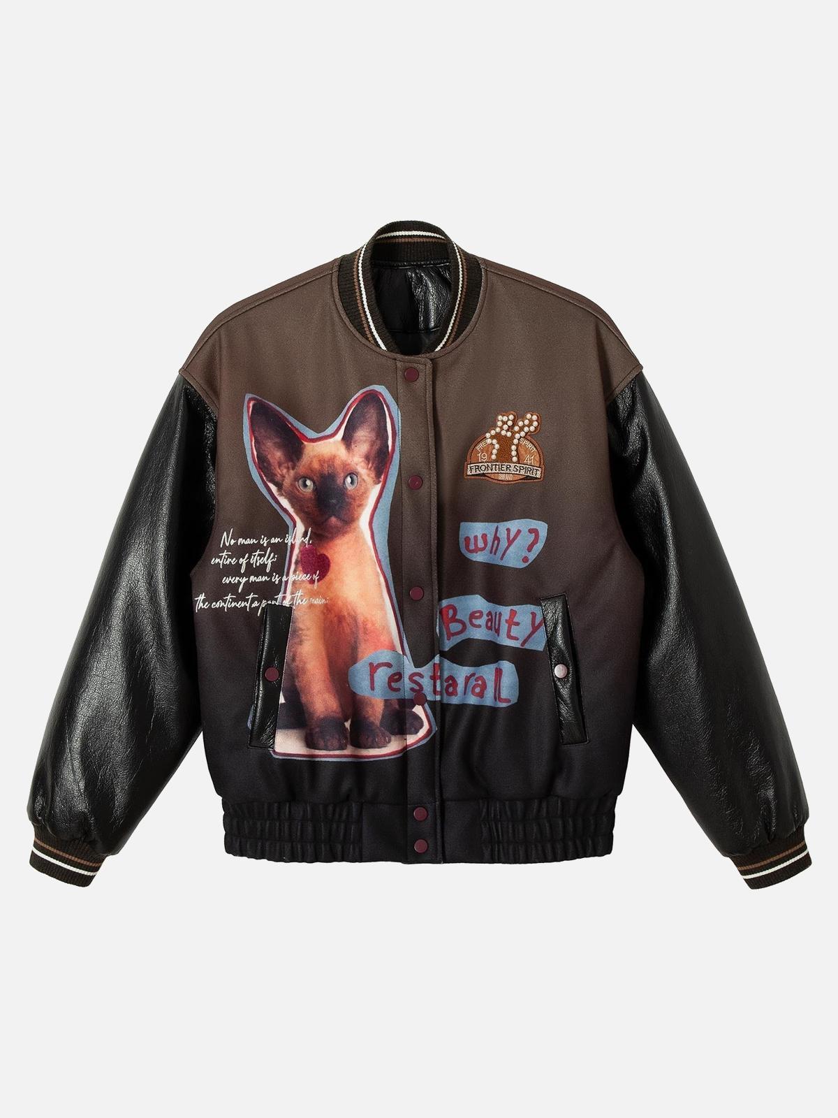 TALISHKO Siamese Cat Embroidery Leather Bomber Jacket