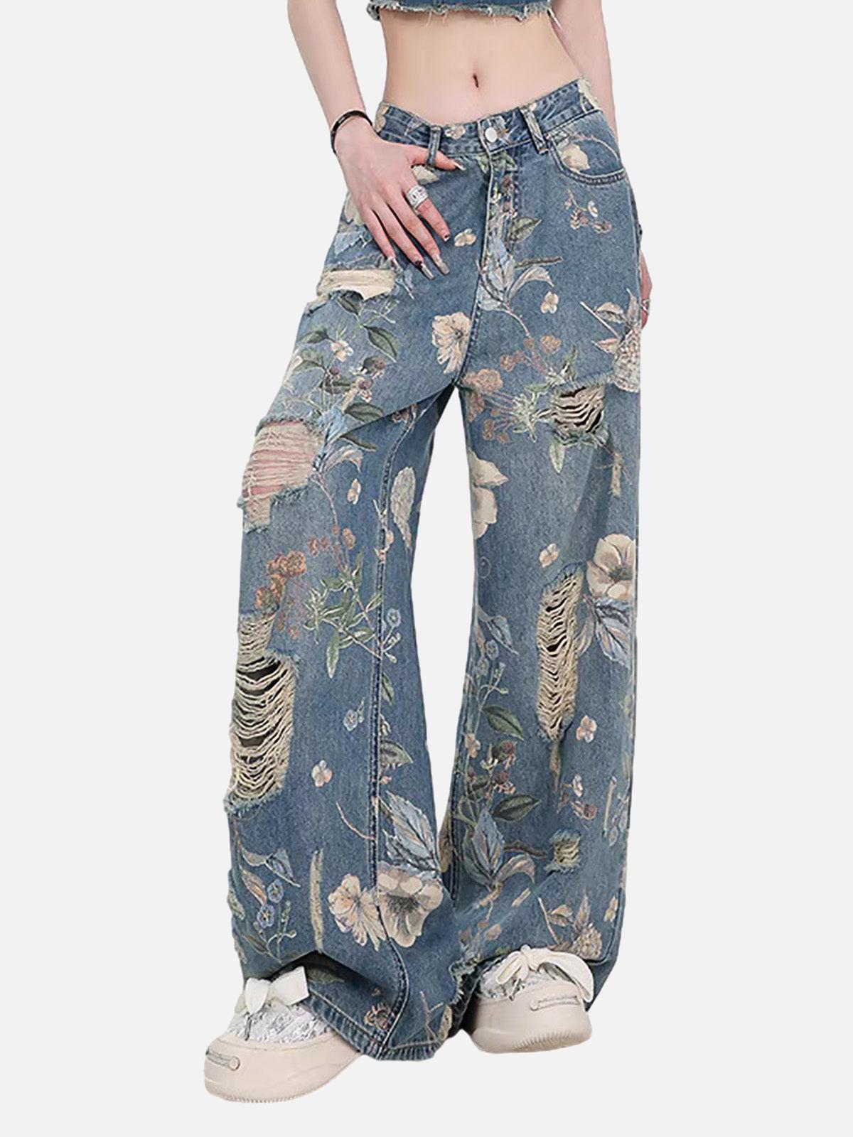 TALISHKO Vintage Washed Distressed Floral Ripped Baggy Jeans