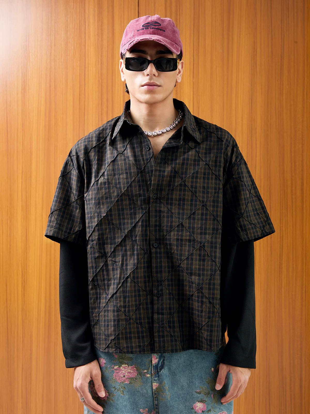 TALISHKO Heavy Plaid Pleated Striped Faux Two-Piece Polo Shirt