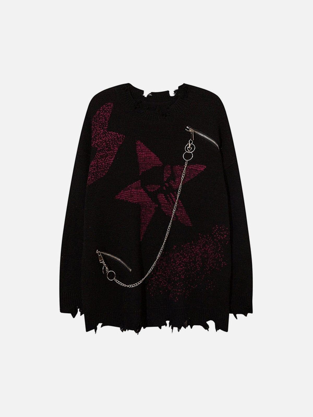 TALISHKO Irregular Ripped Skeleton Zipper Chain Knit Sweater