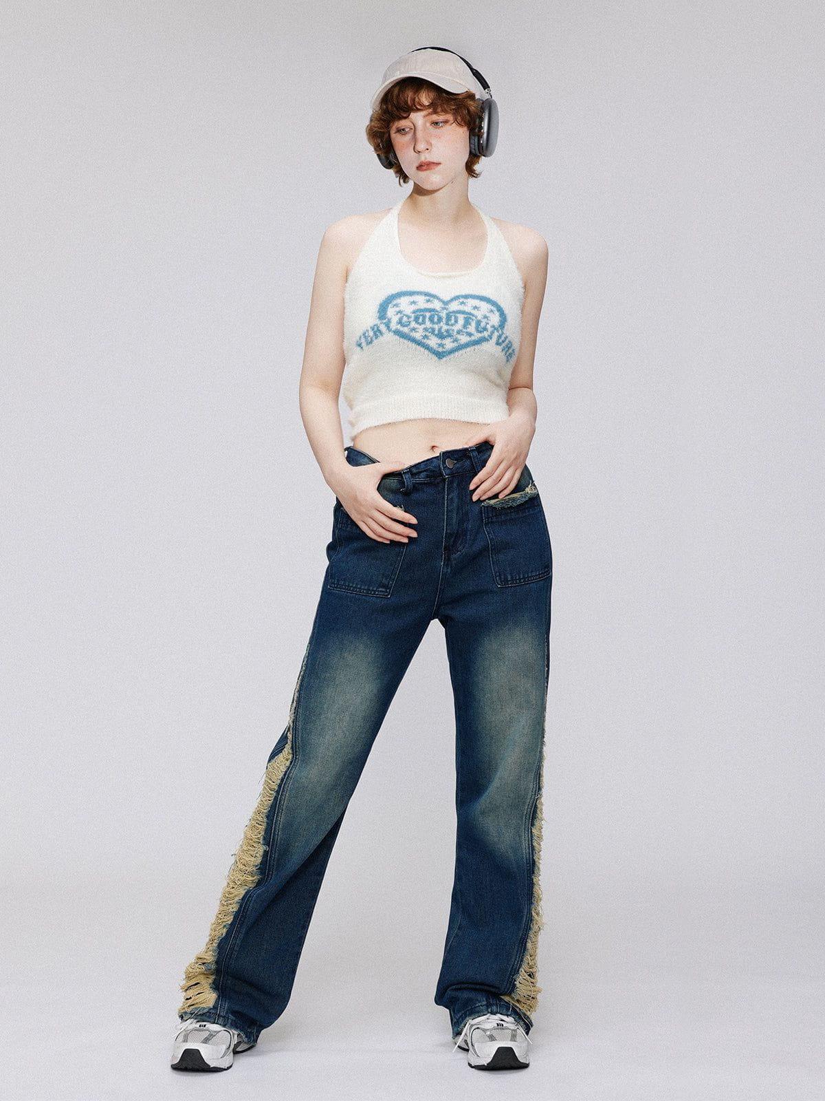 TALISHKO Colorblock Side Embroidery Jeans