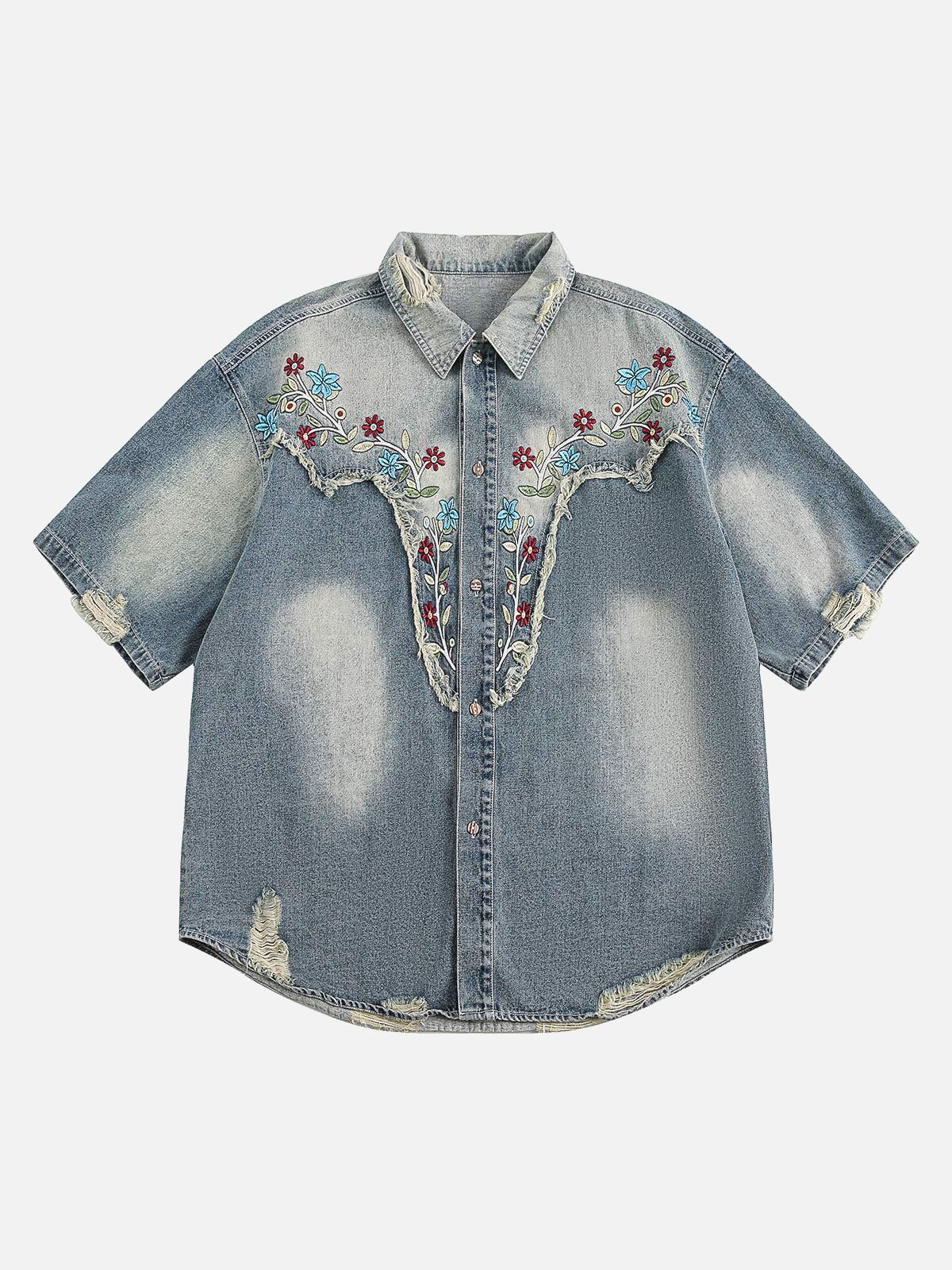 TALISHKO Ripped Embroidered Floral Denim Shirt
