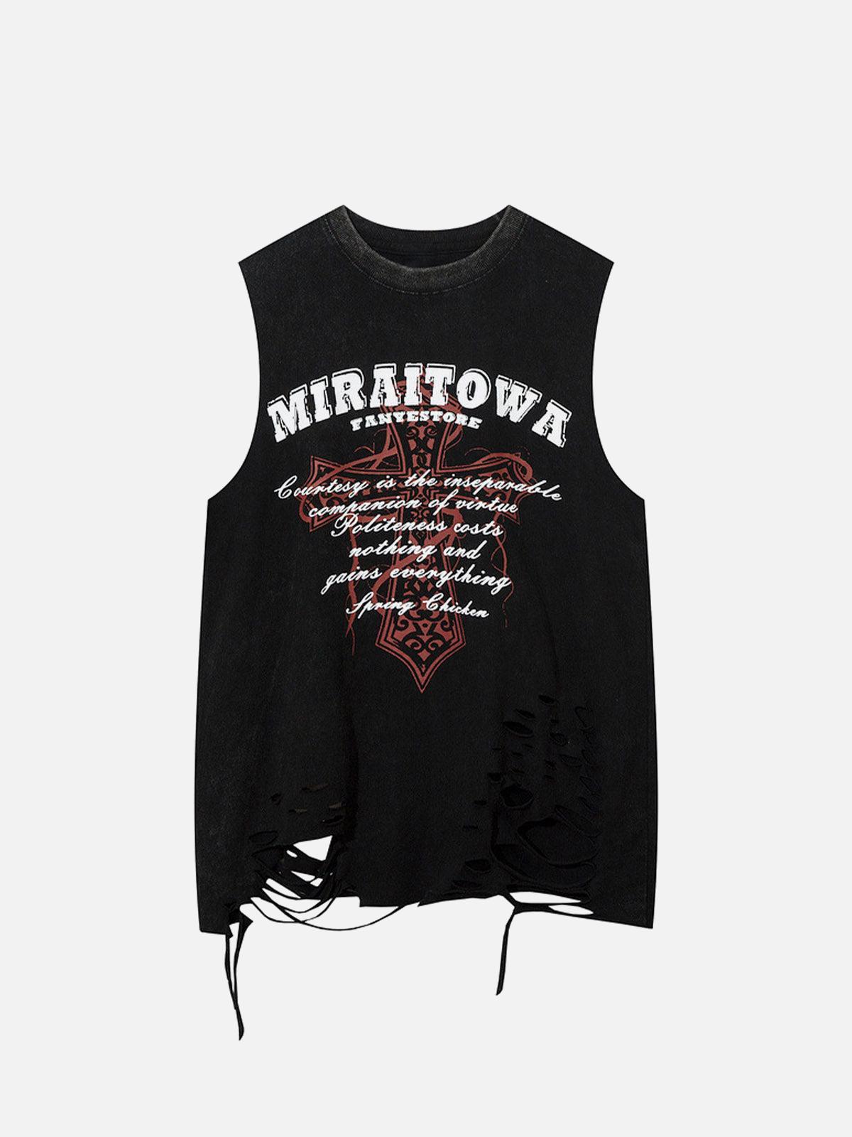 TALISHKO Distressed Ripped Graphic Cross Print Vest