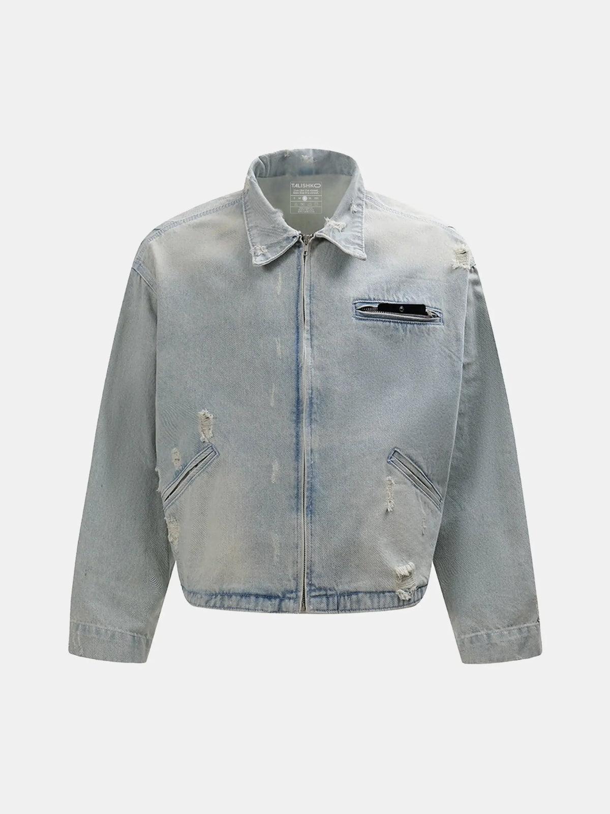 TALISHKO Distressed Frayed Lapel Denim Jacket