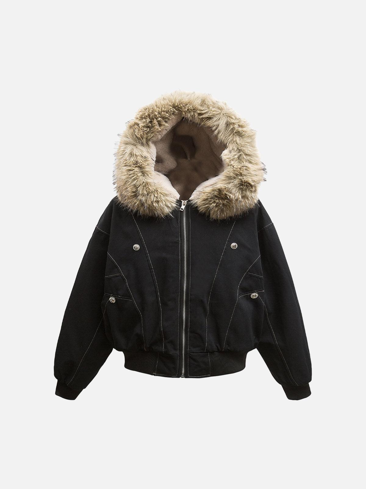 TALISHKO Fur Lined Zip Up Hooded Bomber Jacket