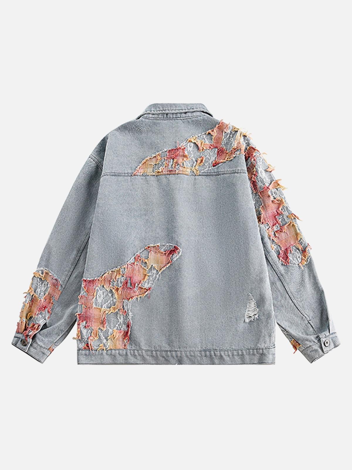 TALISHKO American Street Style Lace Patchwork Denim Jacket