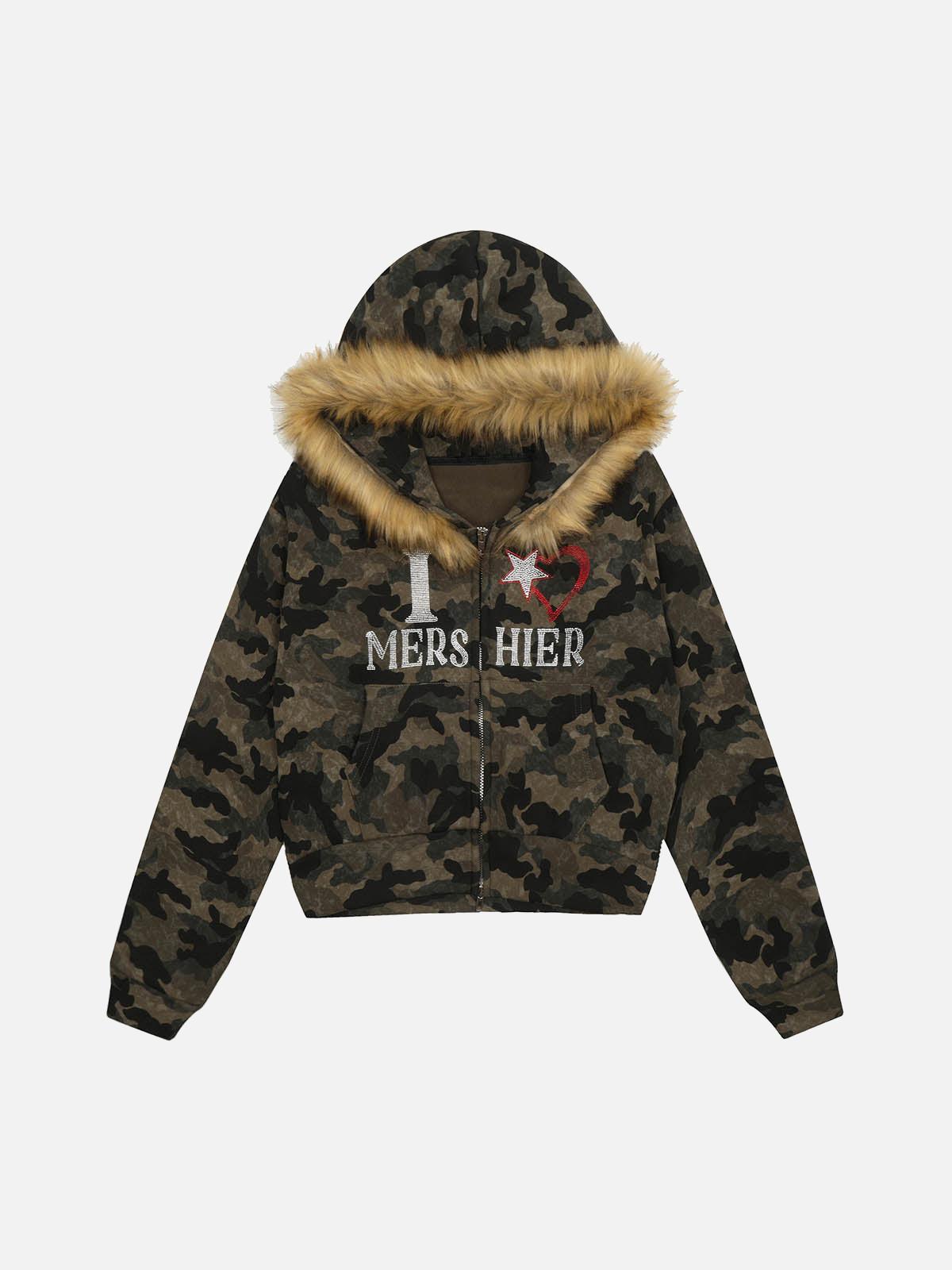 TALISHKO Hotfix Rhinestones Camouflage Fur Hooded Fleece Jacket