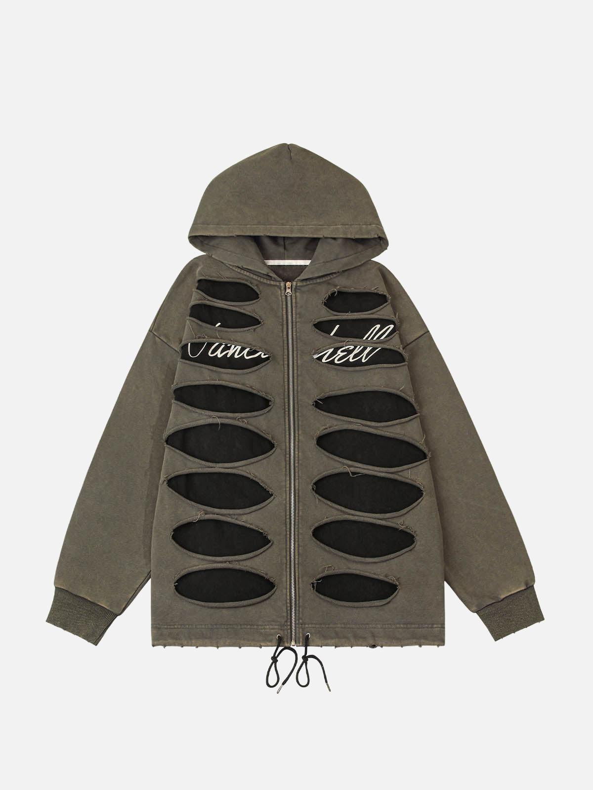 TALISHKO Ripped Drawstring Zip-Up Jacket