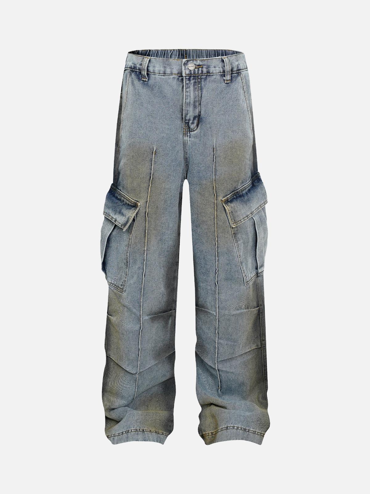 TALISHKO Washed Distressed Pleated Cargo Jeans