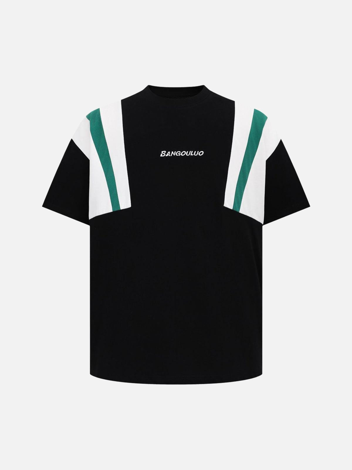 TALISHKO Retro Contrast Color Stitching Embroidered Letter T-Shirt