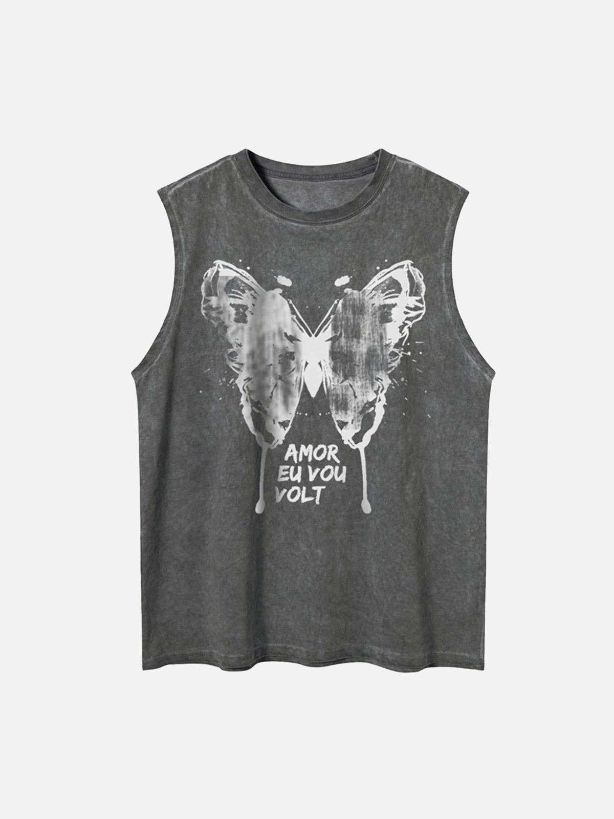 TALISHKO Washed Distressed Butterfly Print Vest