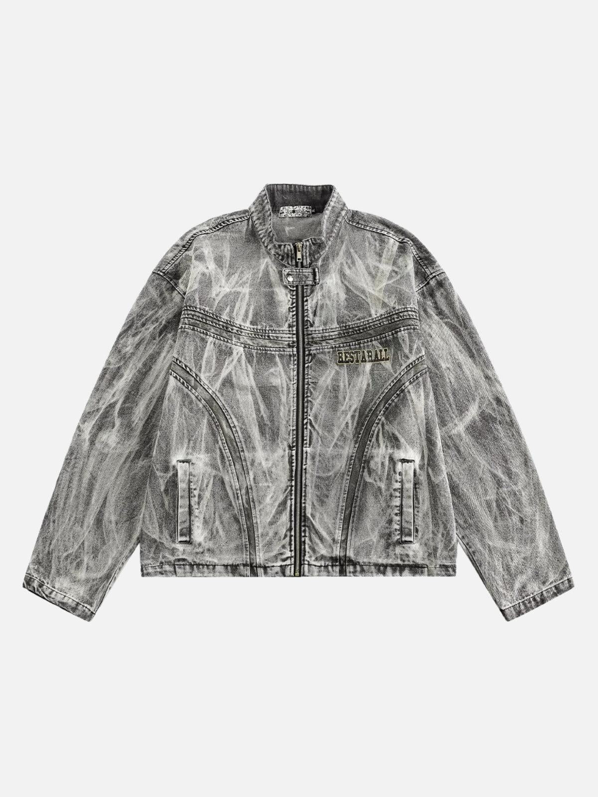 TALISHKO Vintage Racing Distressed Print Zip-Up Collar Jacket