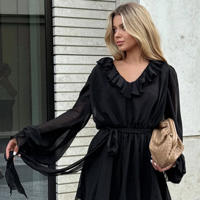 Elegant Ruffled Black Chiffon Mini Dress