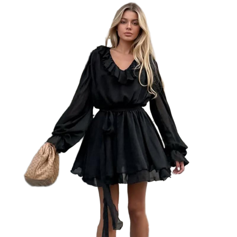 Elegant Ruffled Black Chiffon Mini Dress