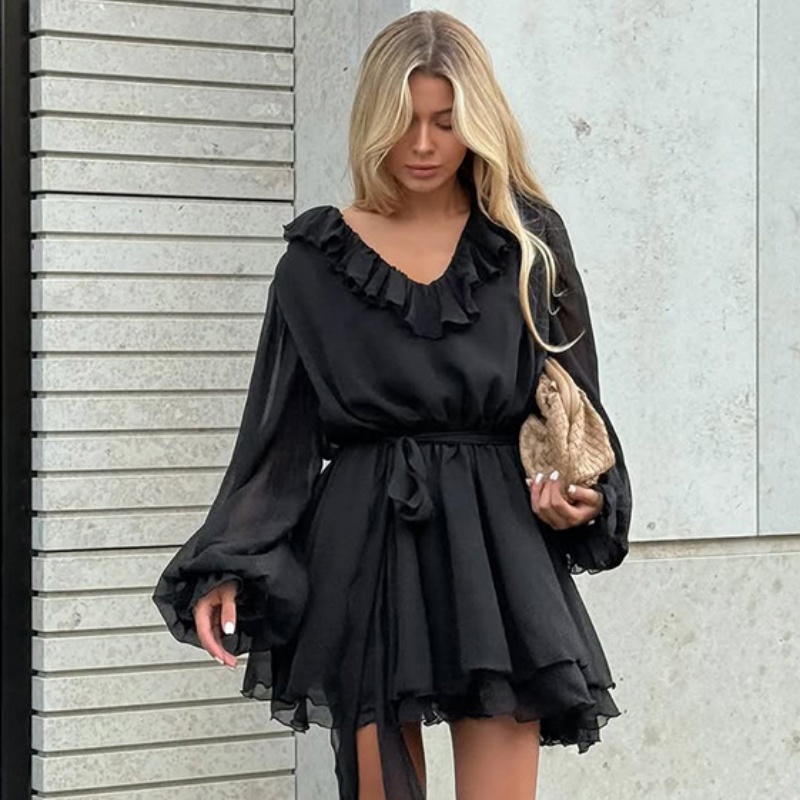 Elegant Ruffled Black Chiffon Mini Dress