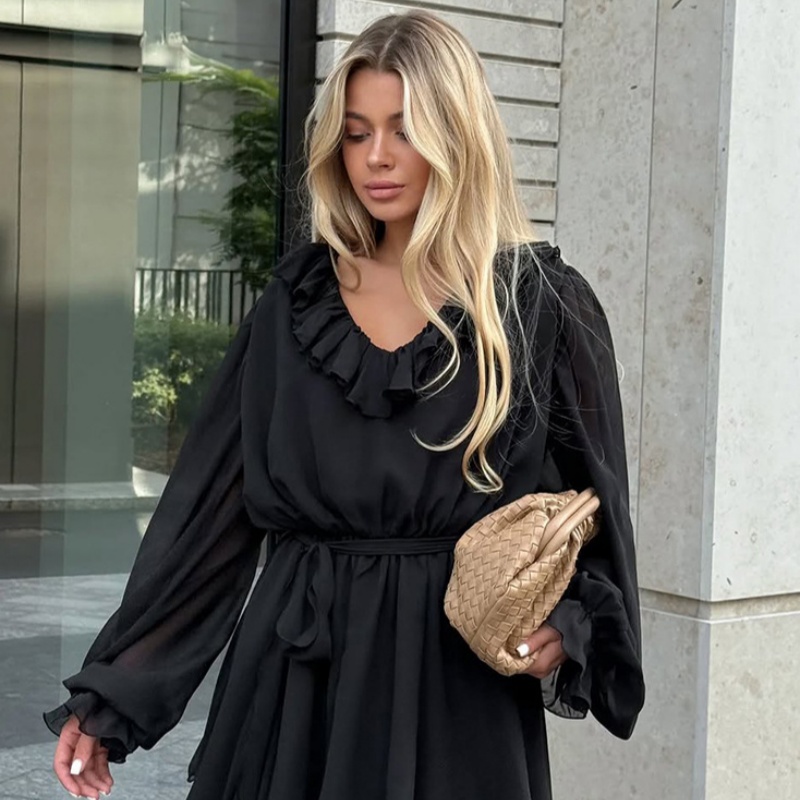 Elegant Ruffled Black Chiffon Mini Dress