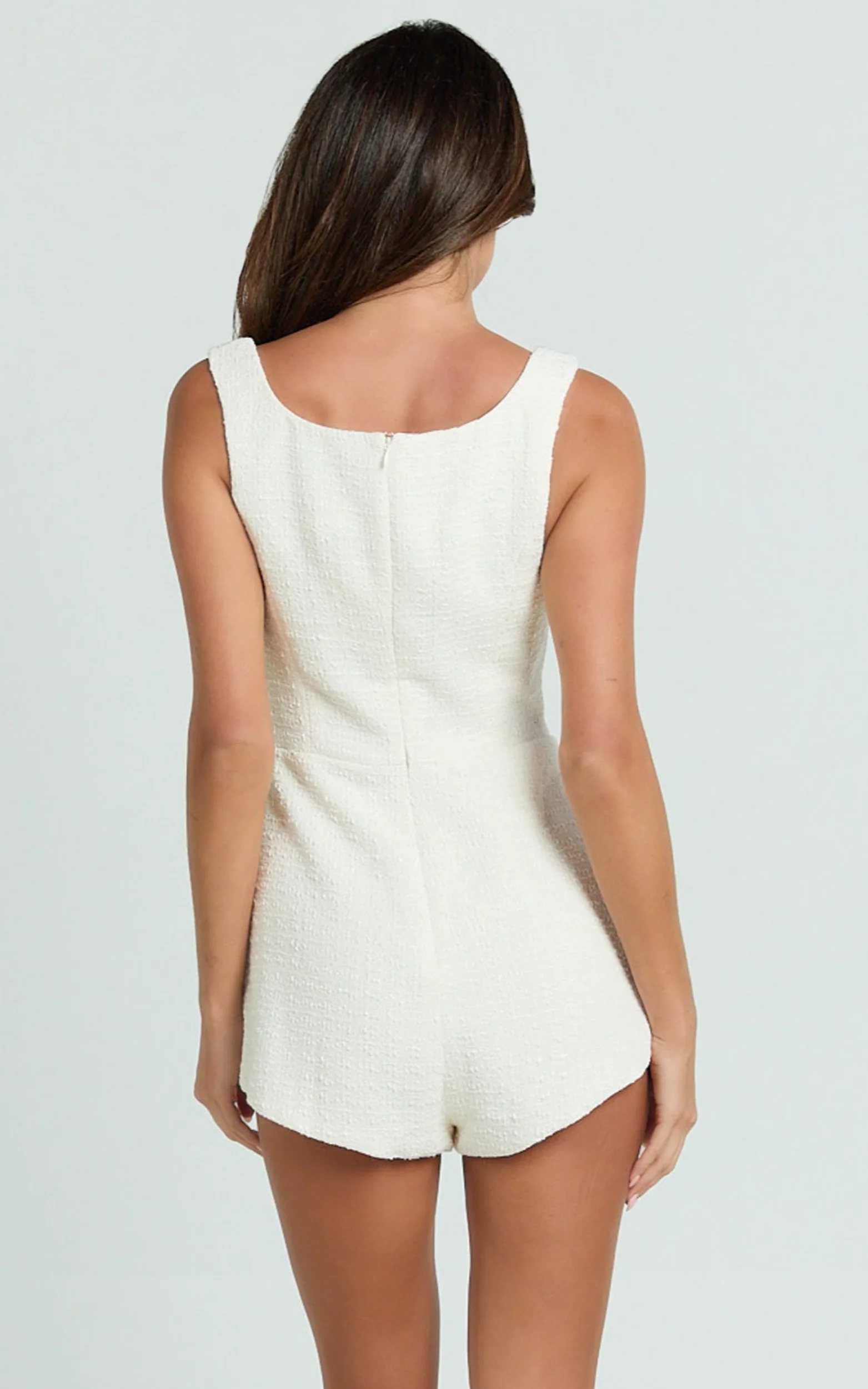 Brylee Playsuit - Scoop Neck Boucle Button Down Playsuit in Cream